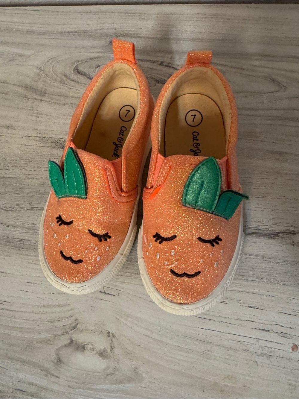 Cat & Jack Orange Glitter Slip-On Sneakers with Green Leaf Appliqués